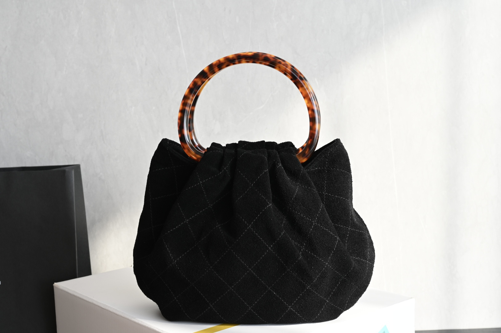 Small Hobo Bag in Black Suede Calfskin with Tortoiseshell Effect Plexi Handle & Gold-Tone Hardware (26C Cruise Collection) - Mocuir