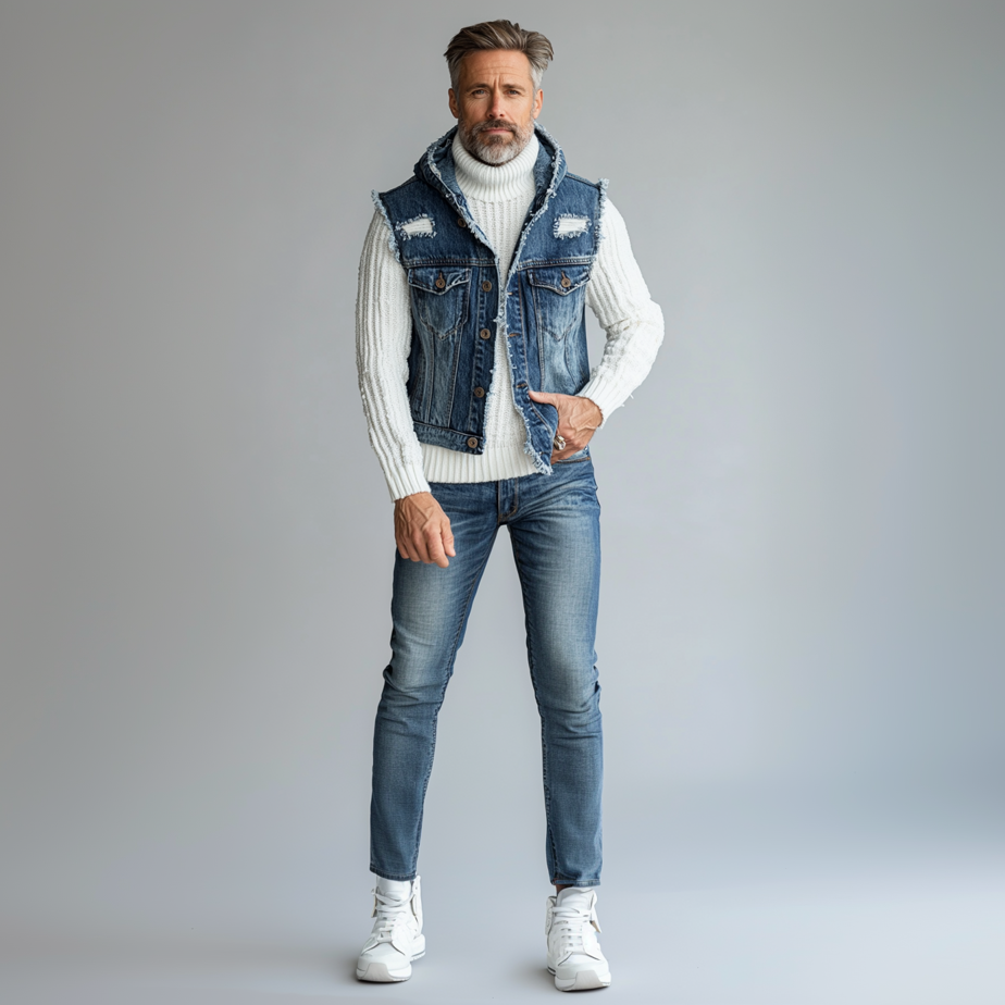 Men's Casual Denim Ripped Raw Edge Button Hooded Vest