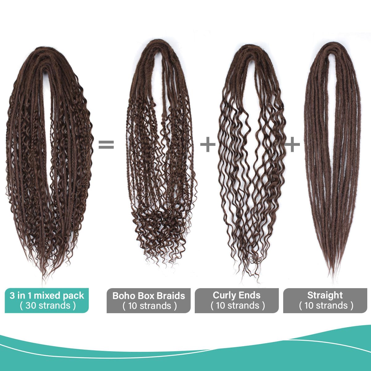 24 Inch 3 In 1 Dreadlock Extensions Sets, 30 Strands Mixed Chocolate Brown Synthetic DE Dreads Extensions, 100% Handmade Soft Double Ended Curly Boho Wavy Dreads for Girls
