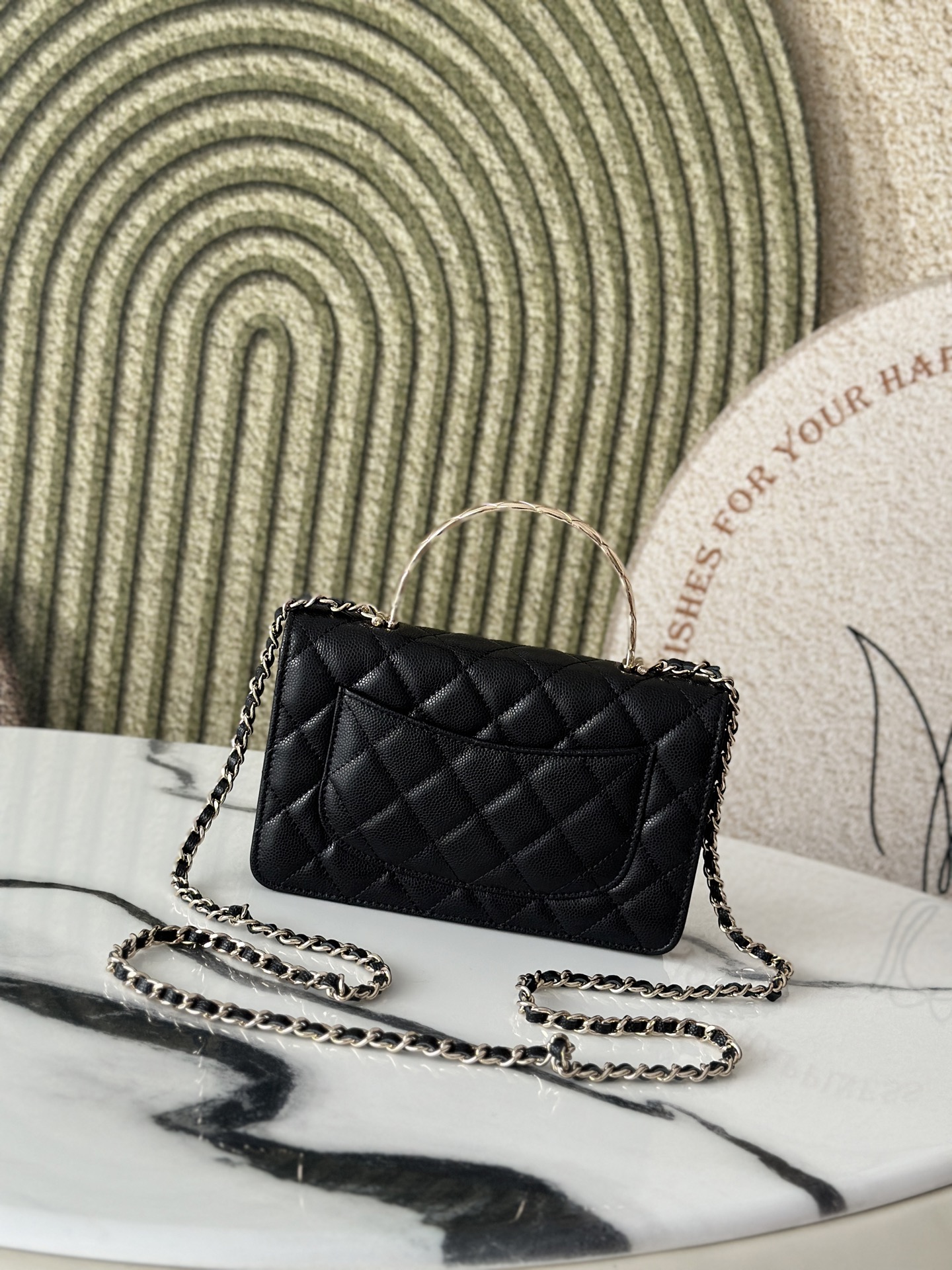 Black Caviar Quilted Wallet On Chain (WOC) with Silver Metal Top Handle - Mocuir