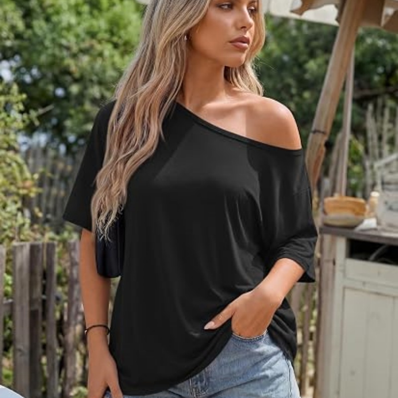 Womens Off the Shoulder Tops Oversized Summer T-Shirts 2026