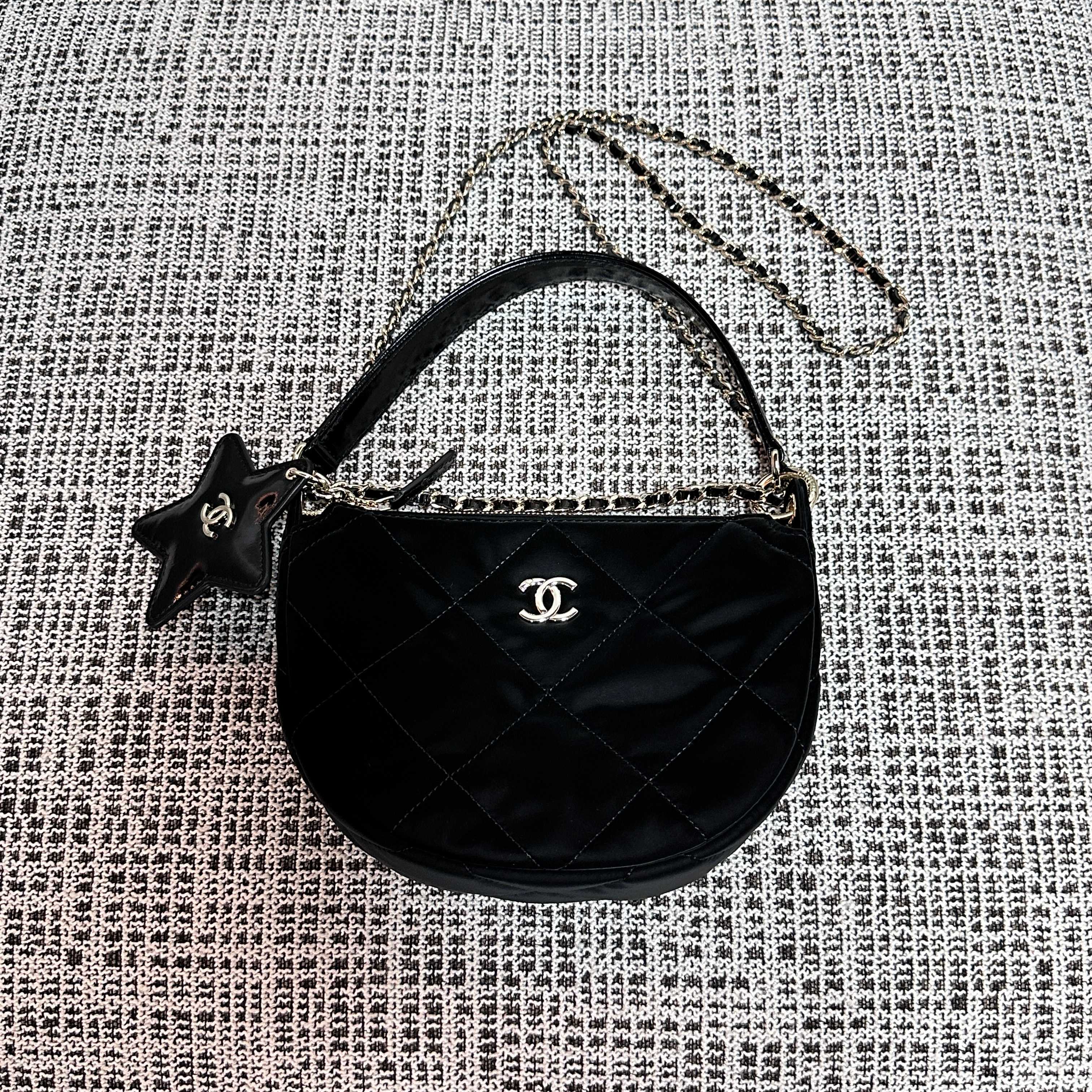 22K Black Quilted Nylon Hobo Bag with Patent Calfskin Handle, Star Charm & Gold-Tone CC Logo - Mocuir