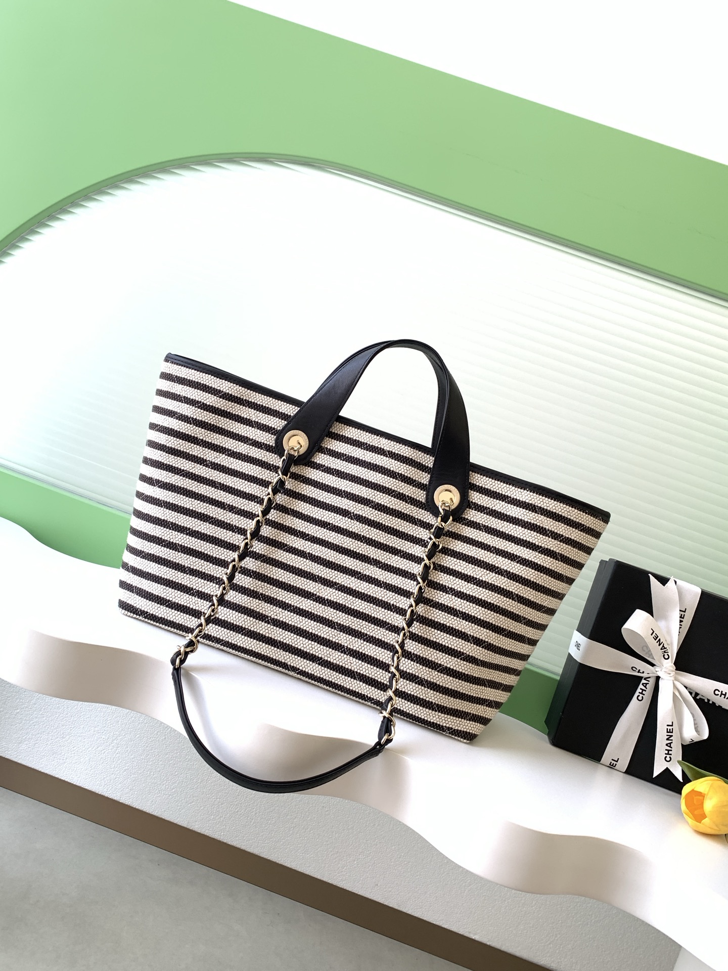 Deauville Large Striped Canvas Tote Bag in Black with Gold-Tone Hardware - Mocuir