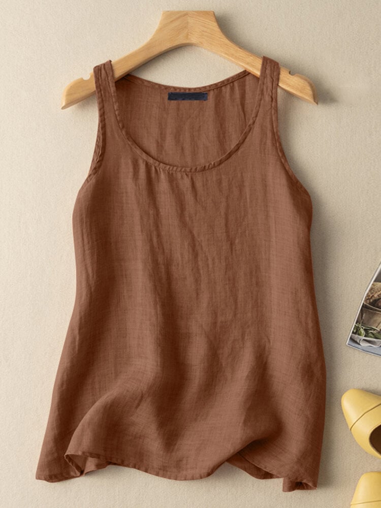 Solid Round Neck Sleeveless Casual Cotton Tank Top