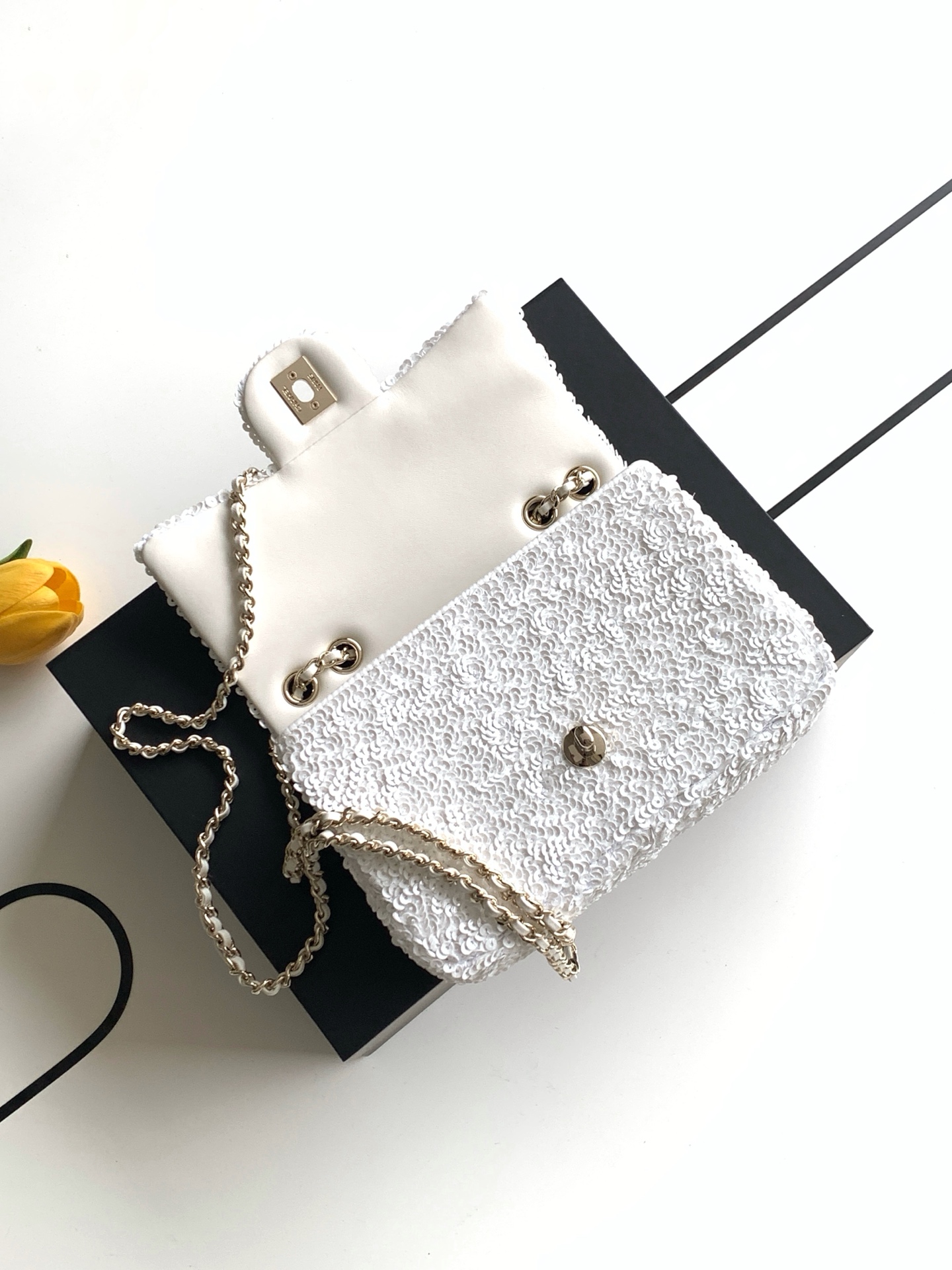 25B White Sequin Classic Flap (AS4561) in Quilted Sequins with Light Gold-Tone Hardware - Mocuir