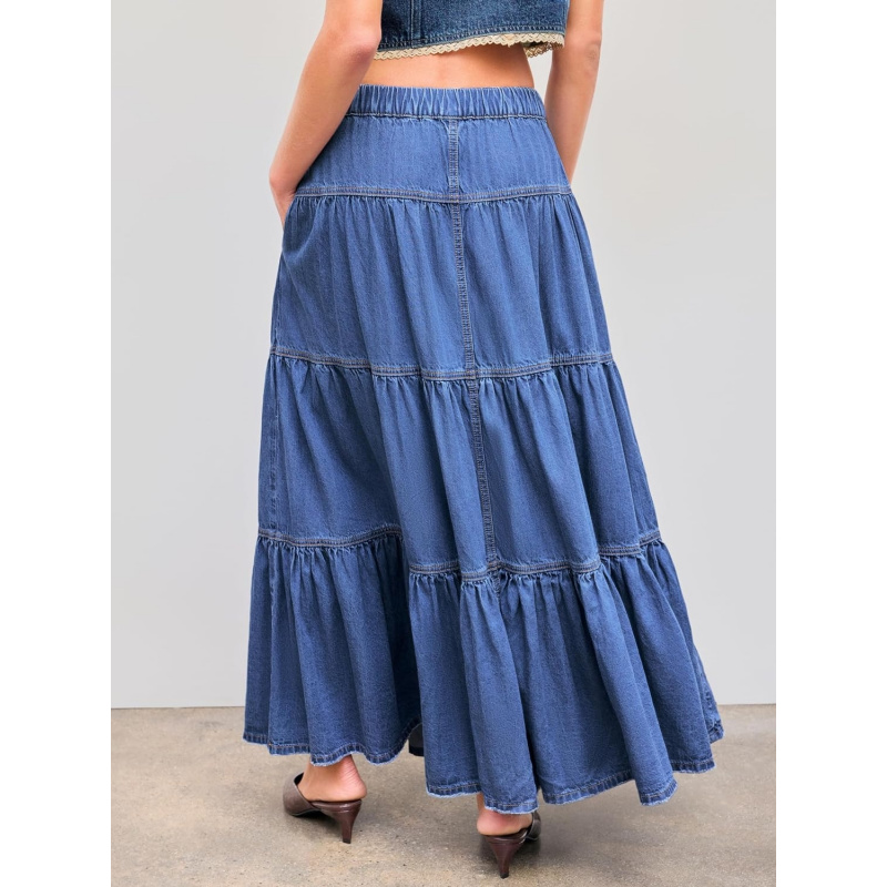 Women's Long Jean Denim Tiered Button