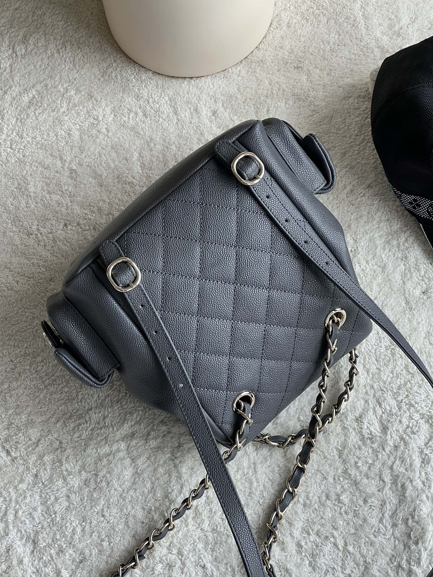 23K Duma Tank Backpack in Dark Grey Quilted Caviar Leather with Light Gold-Tone Hardware - Mocuir