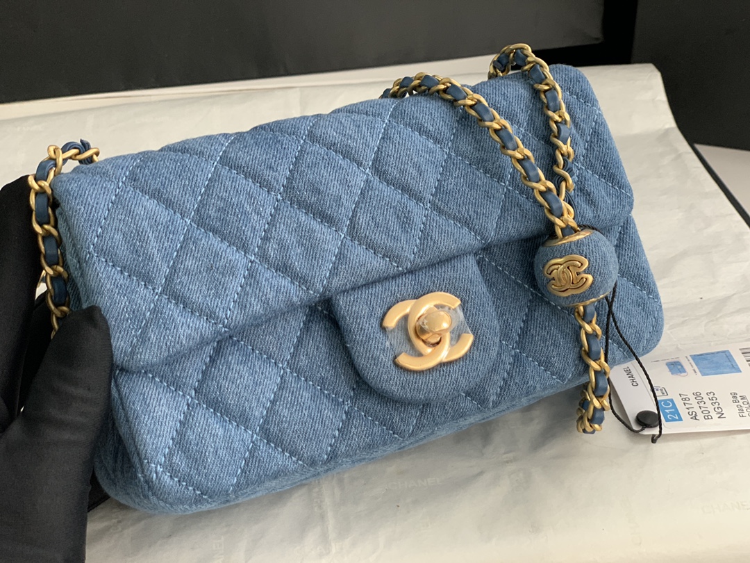 22C Classic Mini Flap Bag (Square) with Adjustable Ball Chain in Washed Denim Blue, Chevron Quilted, Gold-Tone Hardware - Mocuir