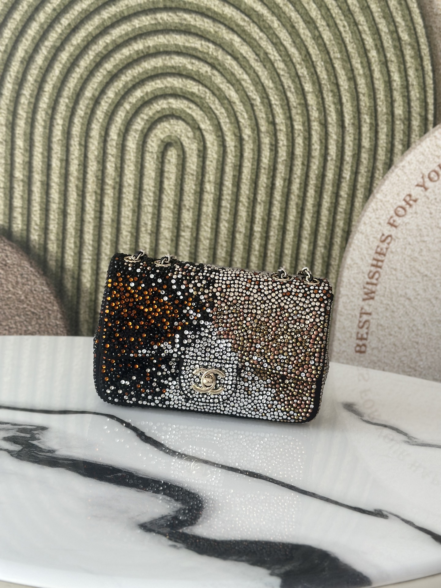 Classic Flap Mini Bag in Black Ombré Strass Crystal Embellished Suede (Gold Hardware) - Mocuir