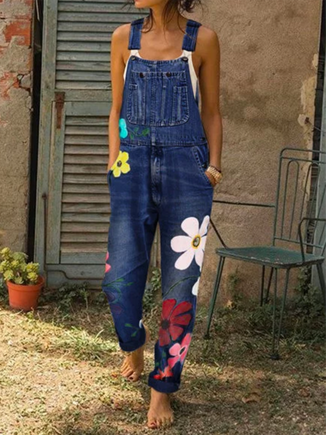 Women Fashion Denim Floral-Print Jumpsuits Overalls