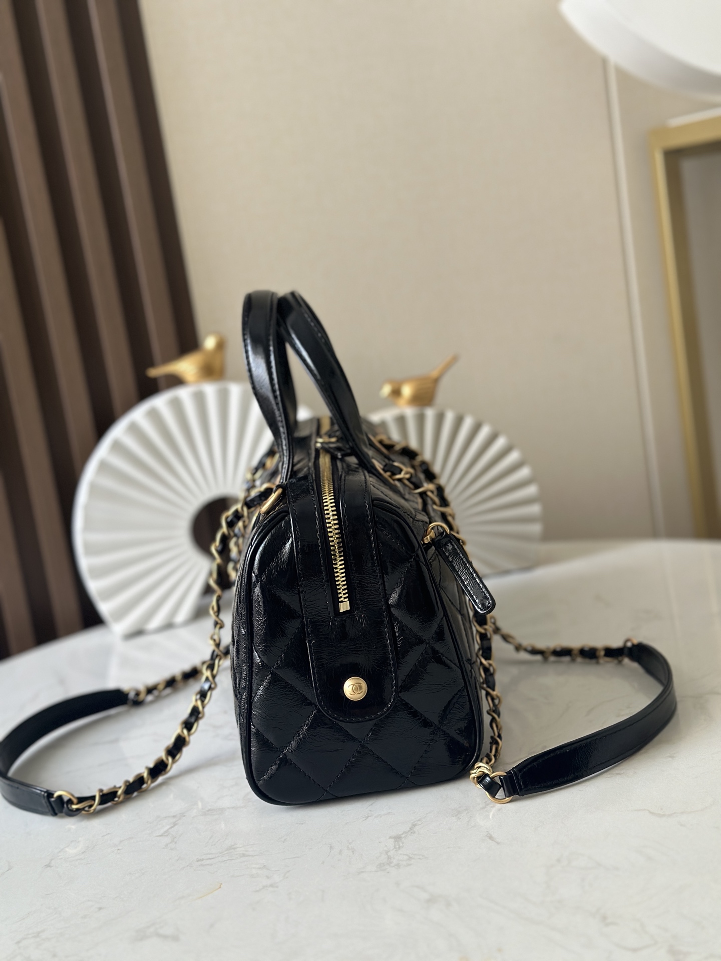 25A Small Bowling Bag in Black Quilted Crinkled Patent Calfskin with Gold-Tone Hardware - Mocuir