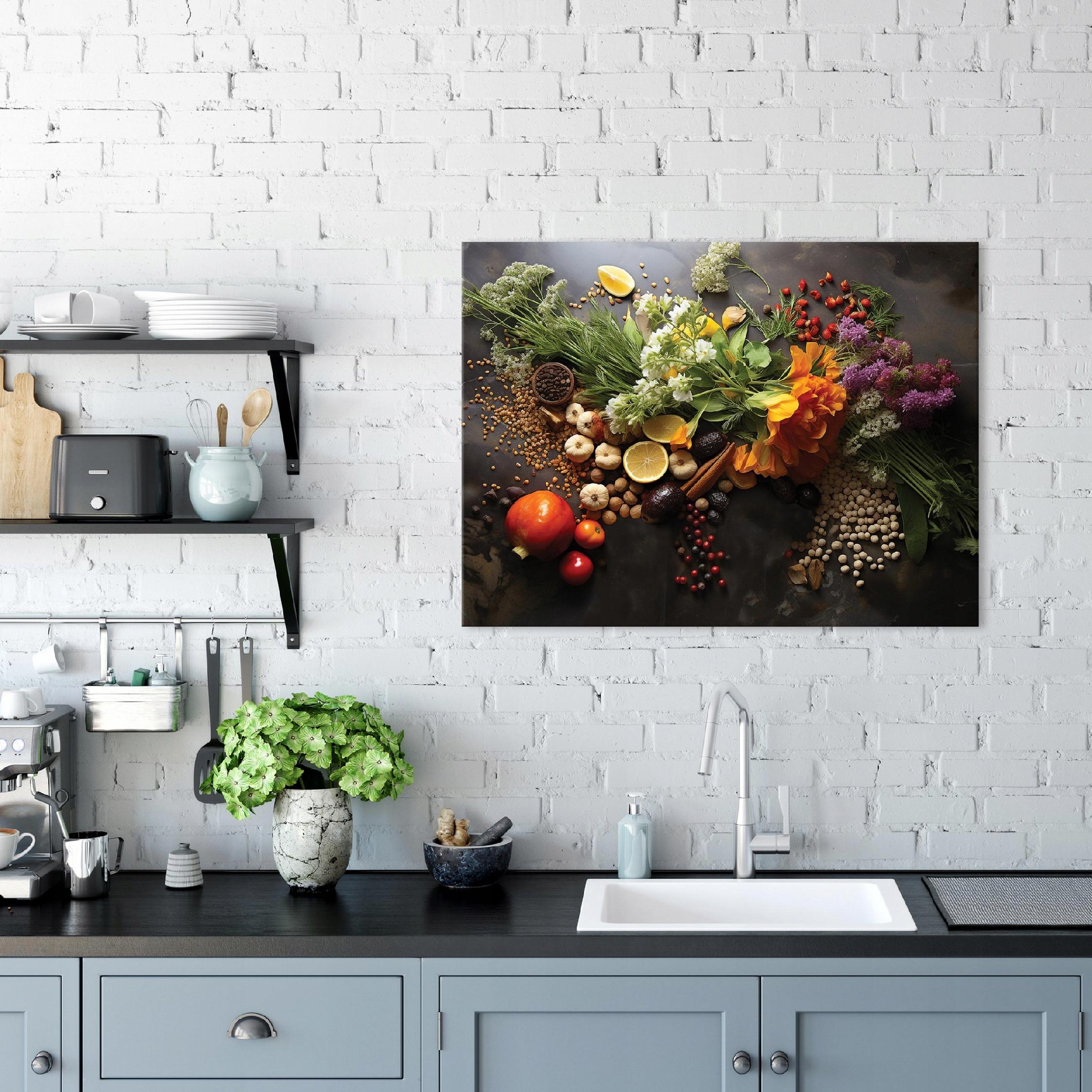 Kitchen painting featuring spices and herbs on canvas, large (60x40)
