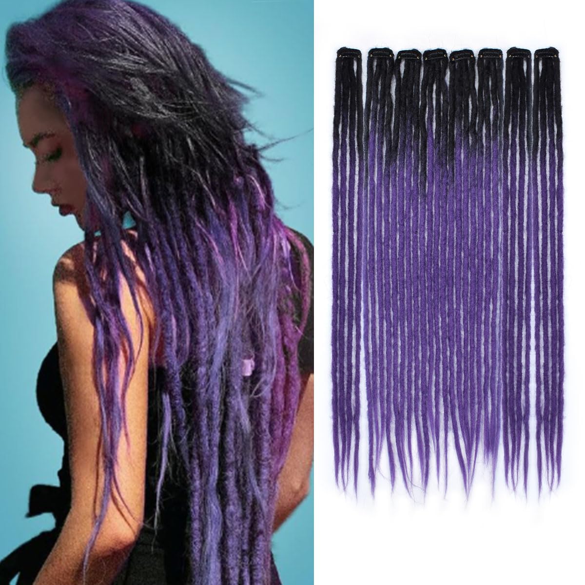 8PCS Clip in Dreadlock Extensions, 24 inch Synthetic Clip-in Dreads Extensions Handmade Soft Thin 0.6cm Width Dreadlocks(black/purple, Clip-in 32 Strands)