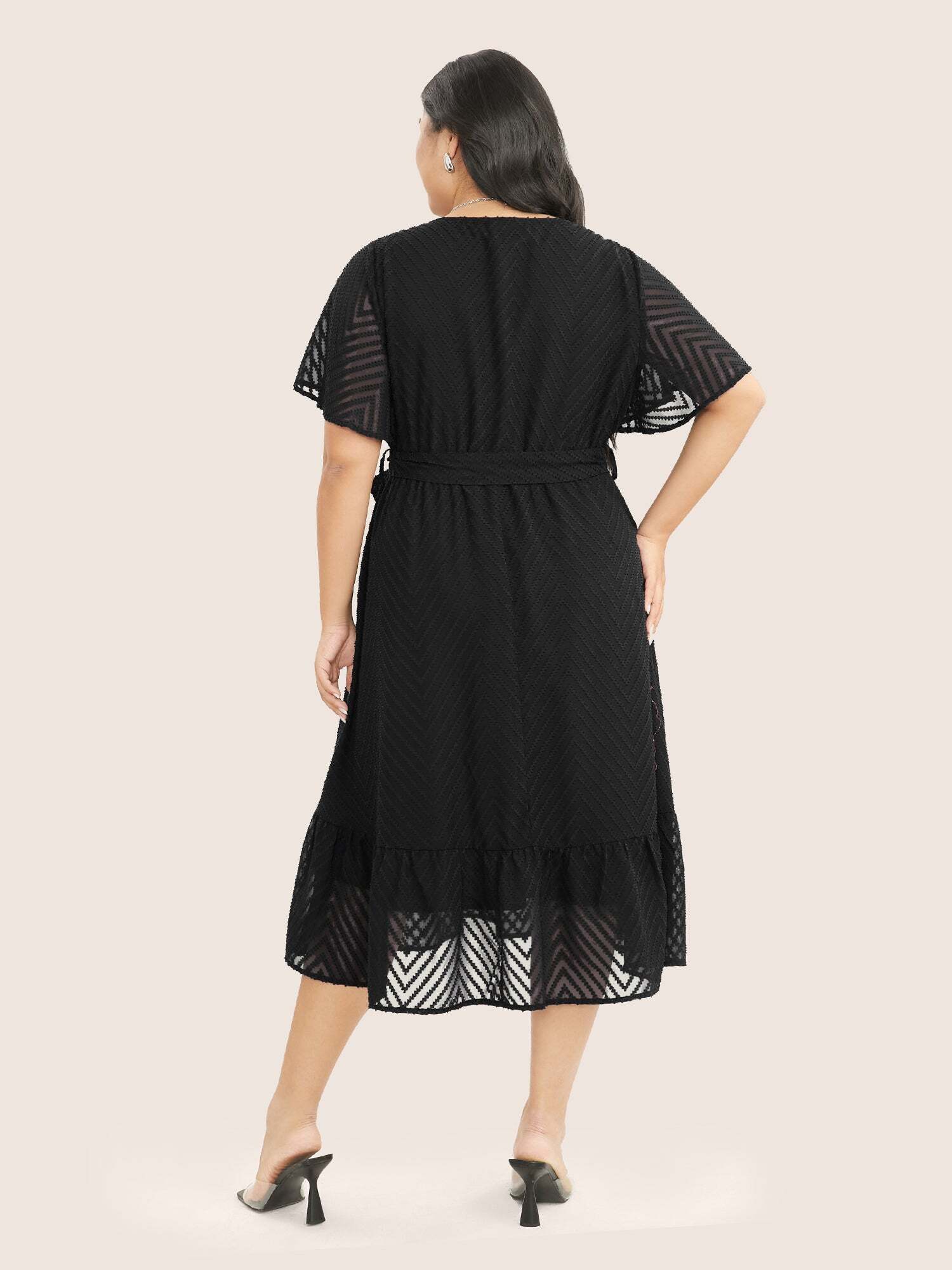 Plain Geometric Pocket Mesh Ruffle Sleeve Belted Wrap Dress