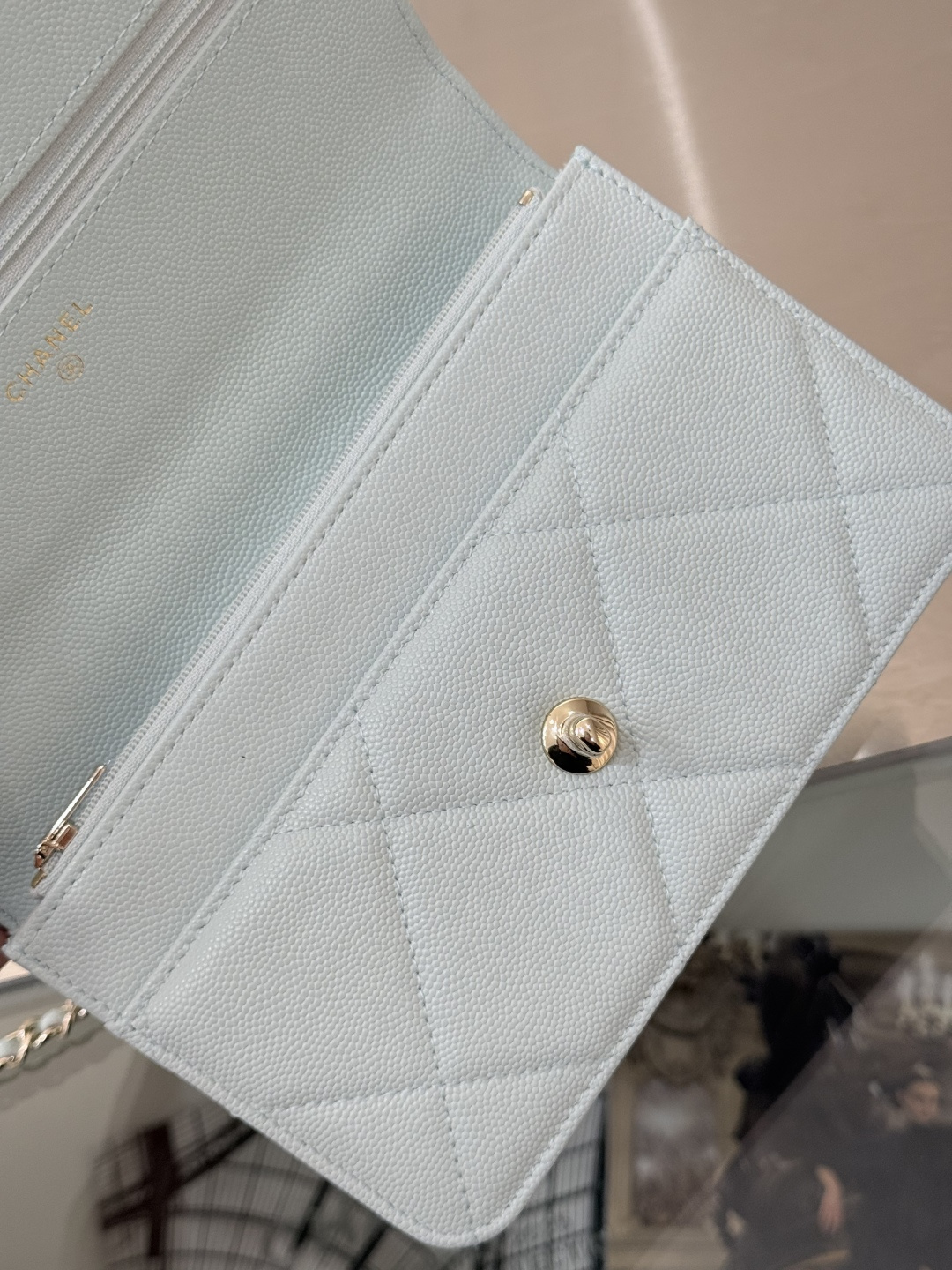 Wallet on Chain with Top Handle (AP3984) in Light Blue Caviar Leather with Gold-Tone Hardware, 25C Cruise Collection - Mocuir