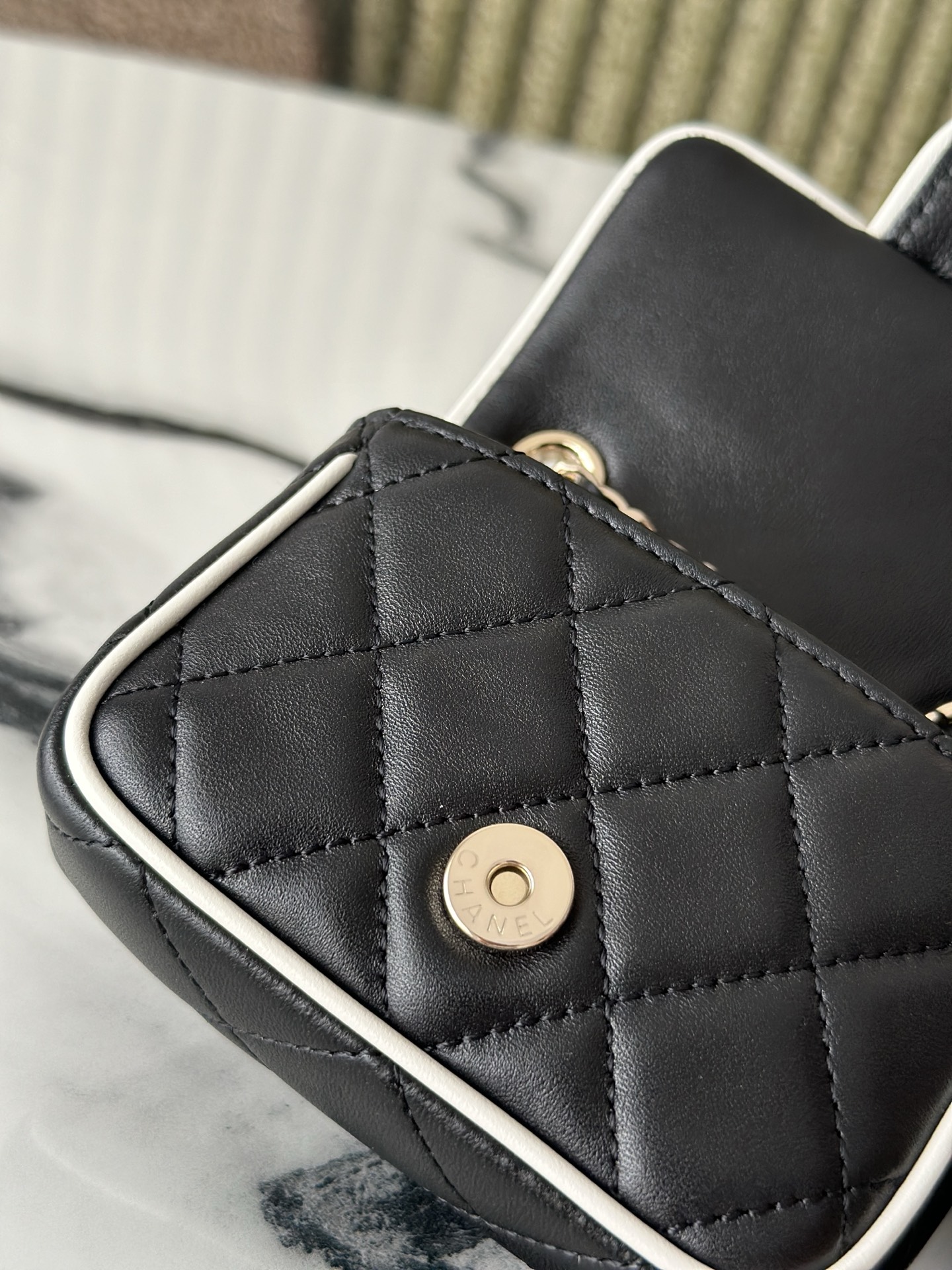Mini Classic Flap in Black Quilted Lambskin with White Piping and SilverGold-Tone Hardware - Mocuir
