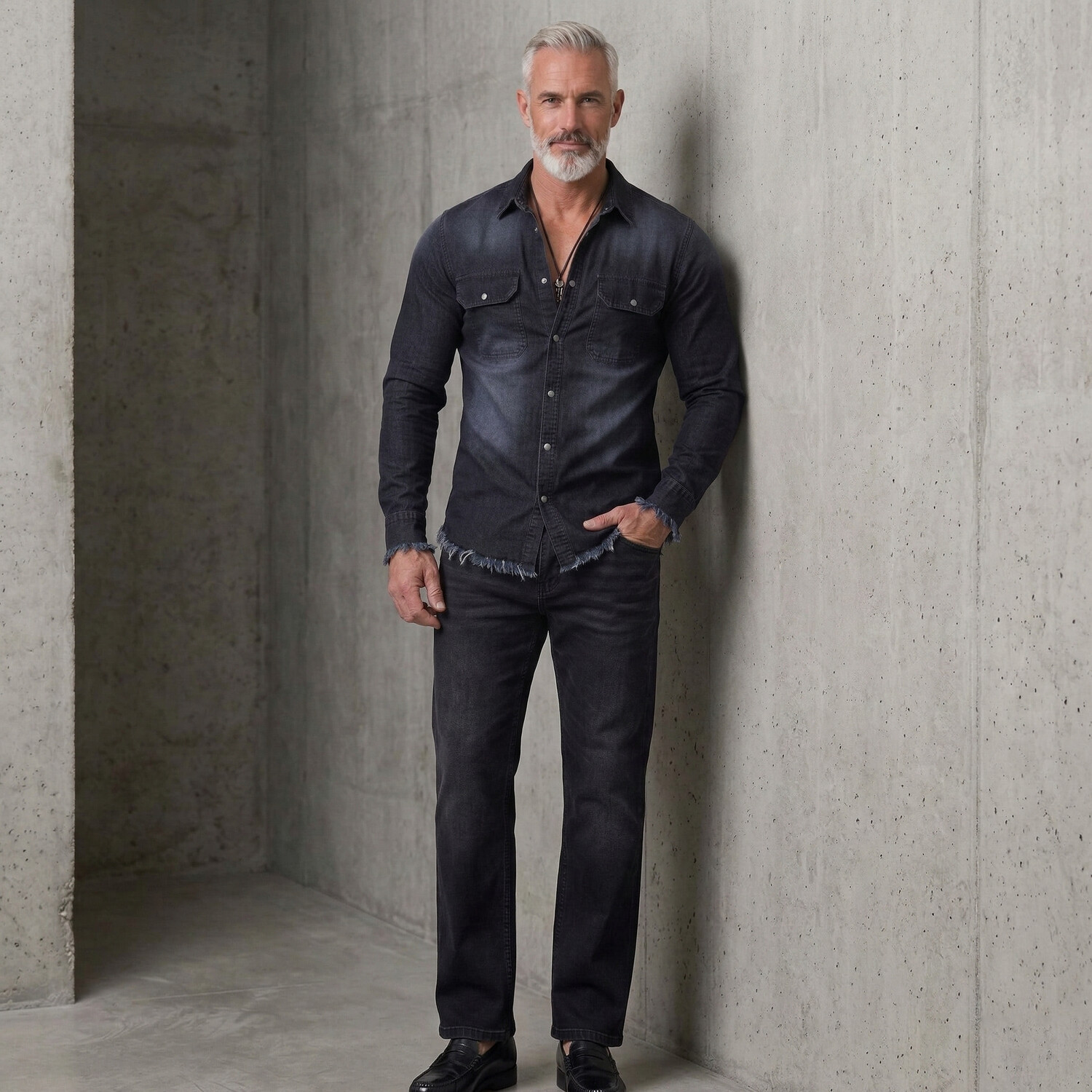 Men's Western Distressed Denim Raw Hem Single Breasted Long Sleeve Shirt