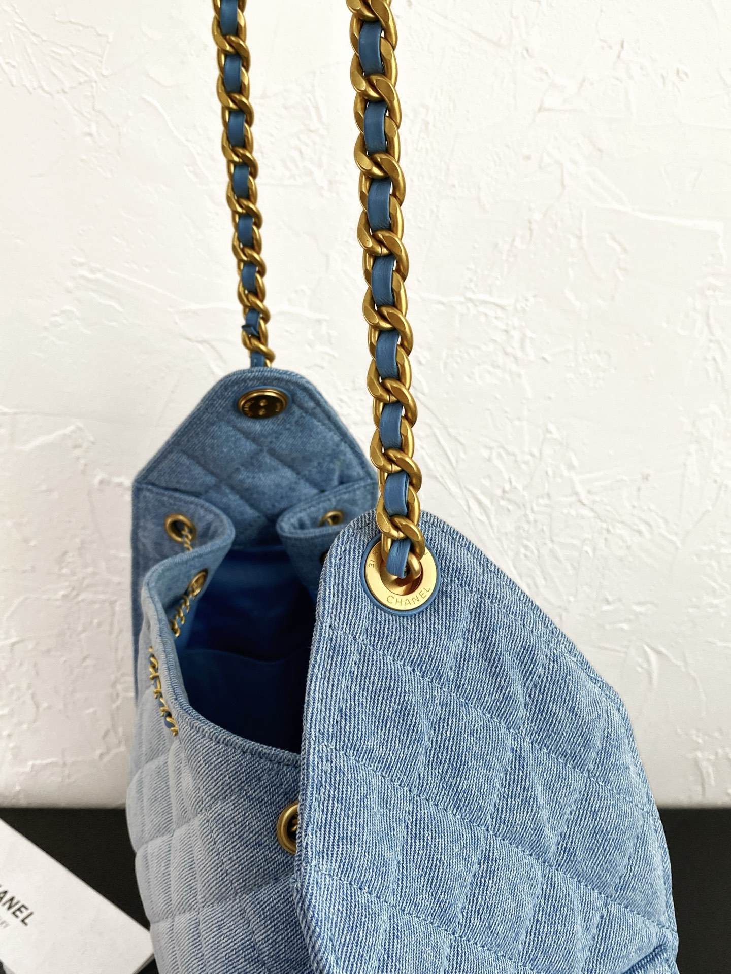25C Small Hobo Bag in Light Blue Washed Denim with Antique Gold Hardware - Mocuir