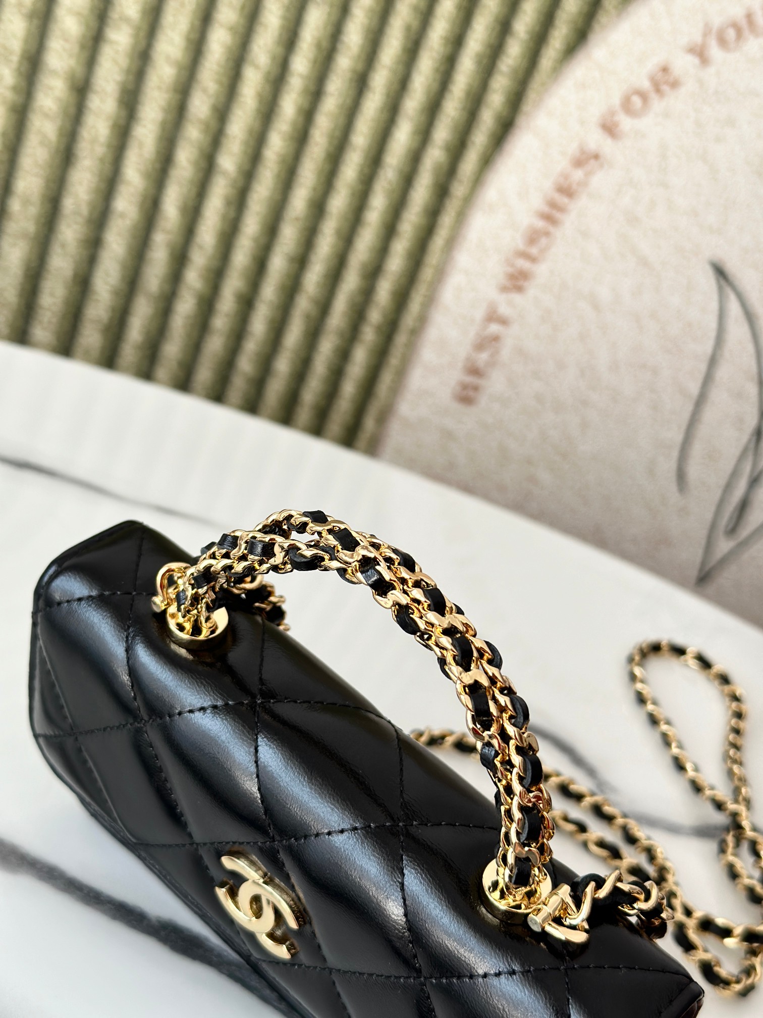 Black Shiny Calfskin Mini Flap Bag with Chain Handle (Model AP3656) - Mocuir