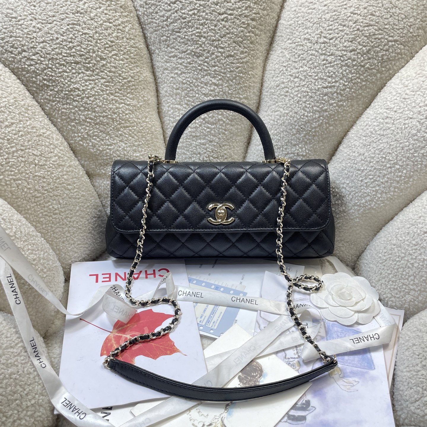 Spring-Summer 2026 Black Quilted Caviar Calfskin Top Handle Flap Bag with Gold-Tone Hardware - Mocuir
