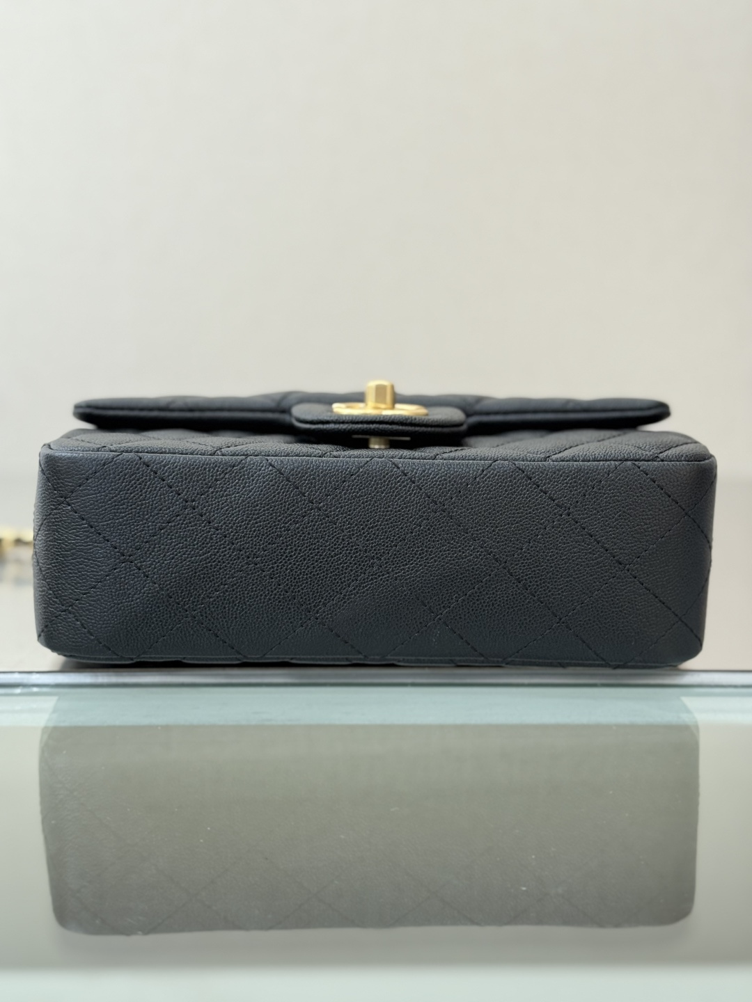 Mini Flap Bag with Top Handle (AS2215) in Black Quilted Grained Calfskin (Caviar) with Antique Gold-Tone Hardware - Mocuir