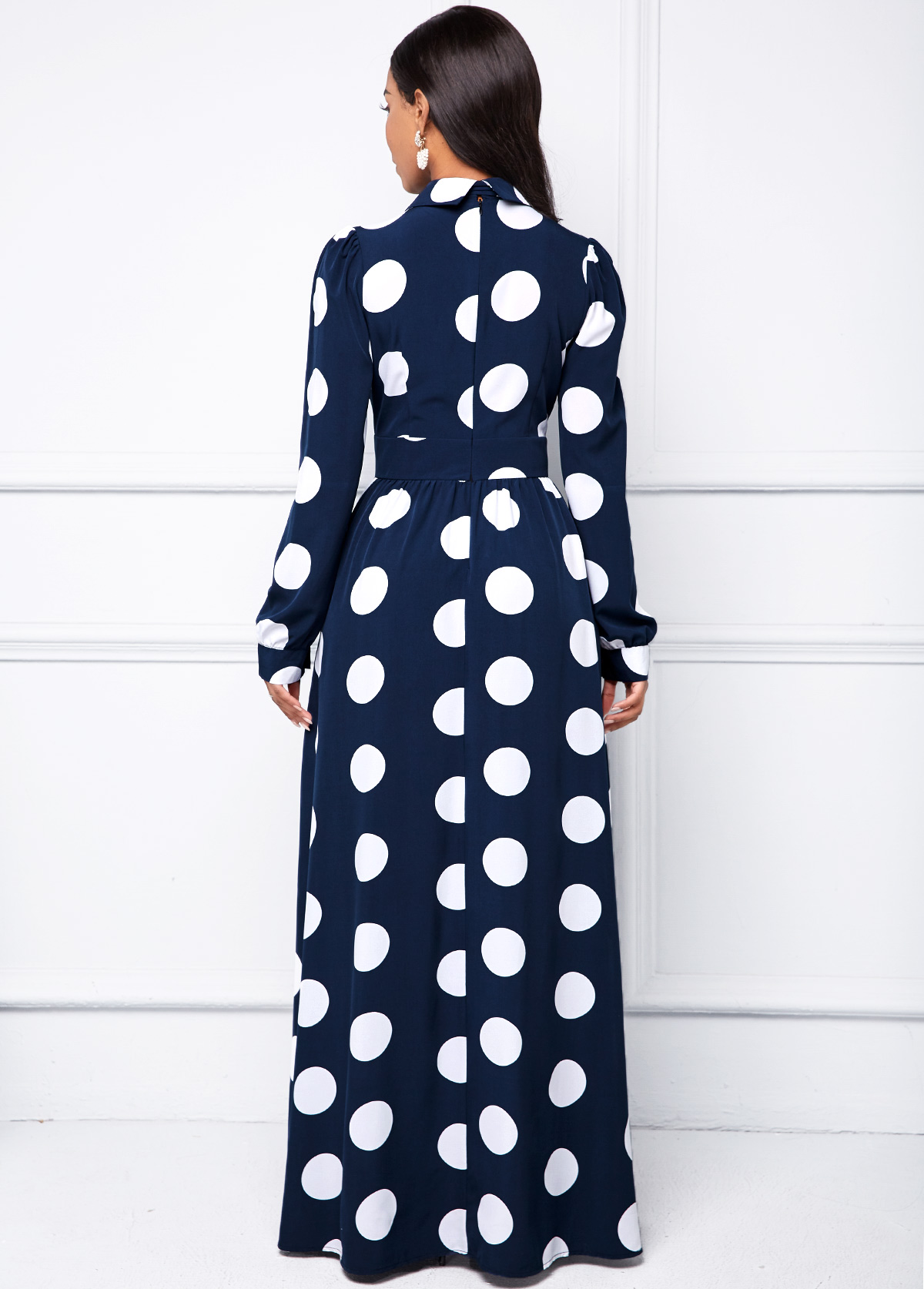 Long Sleeve Turndown Collar Polka Dot Dress