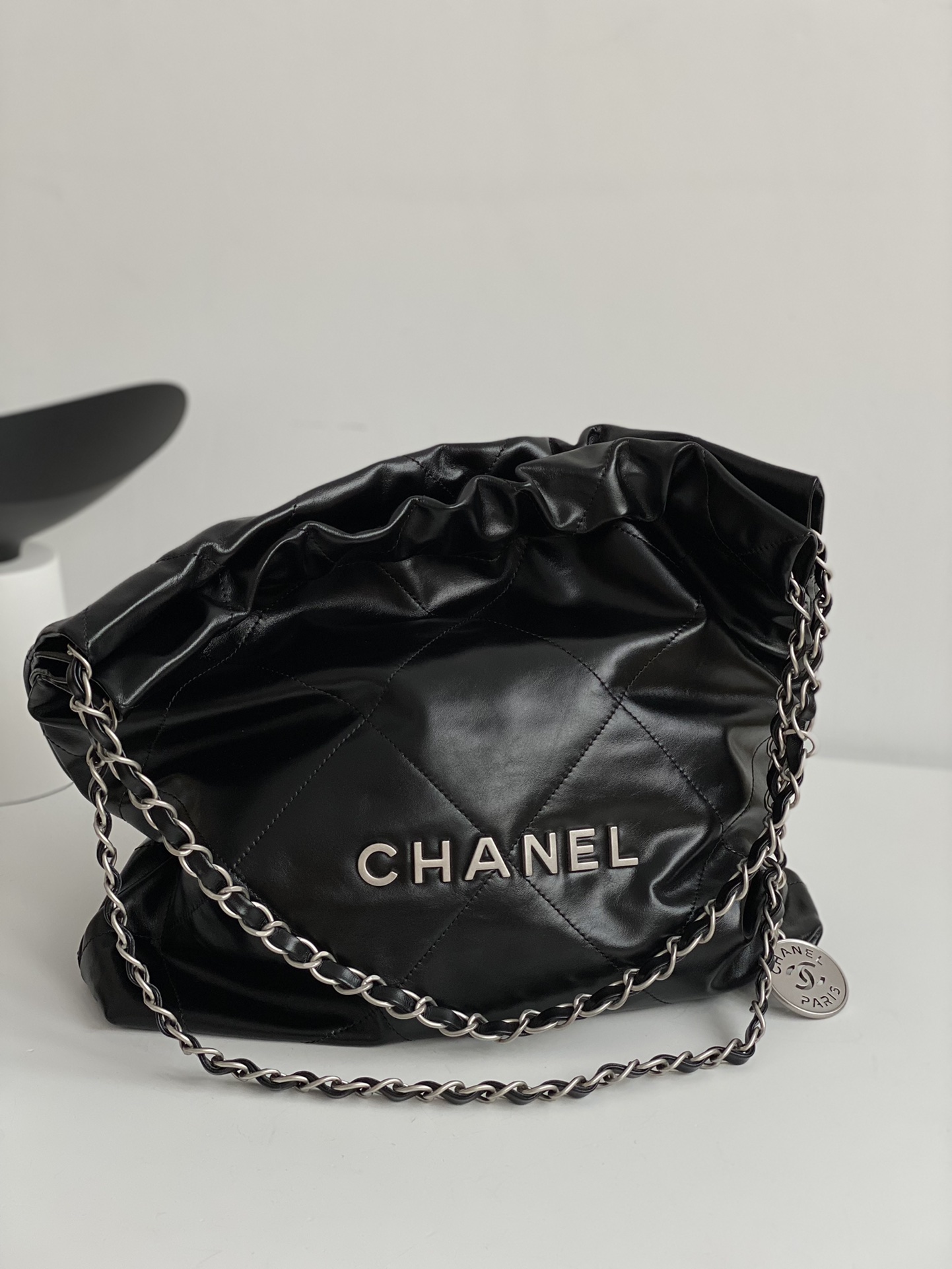 22 Bag Large Hobo in Black Shiny Calfskin with Silver-Tone Hardware - Mocuir