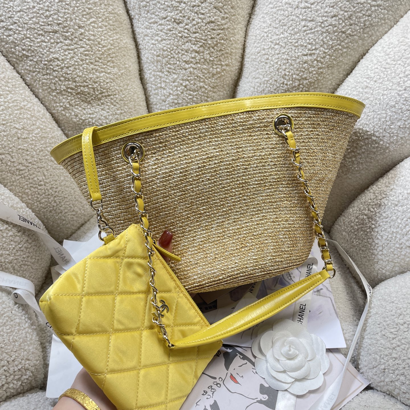 Straw and Lambskin Small Tote Bag with Pouch in Bright Yellow with Light Gold Hardware - Mocuir