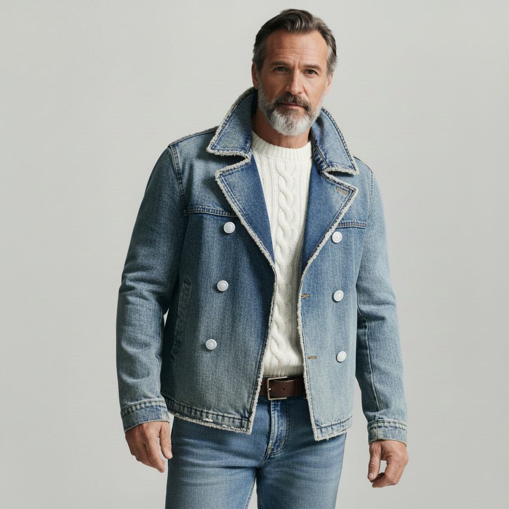 Men's Blue Lapel Collar Double Breasted Long Sleeve Pocket Frayed Trim Denim Jacket