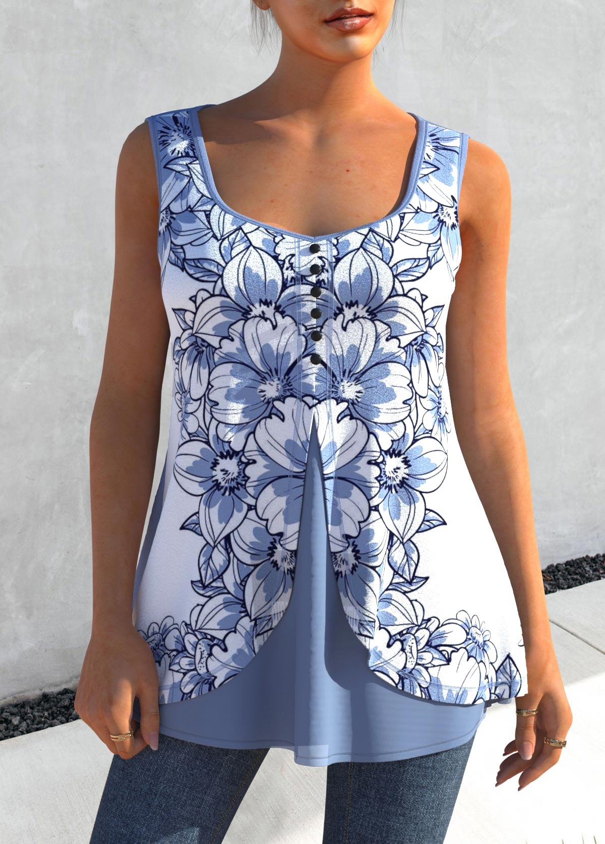 Floral Print Dusty Blue Faux Two Piece Tank Top