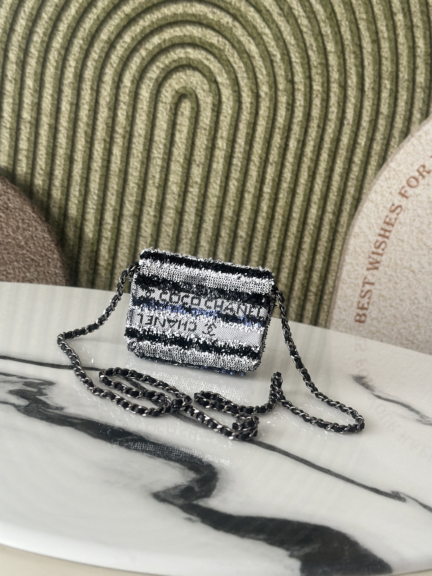 24C25C Mini Classic Flap Bag (AS4561) in Black & White Striped Hand-Embroidered Sequins with COCO Logo & Light Gold-Tone Hardware - Mocuir