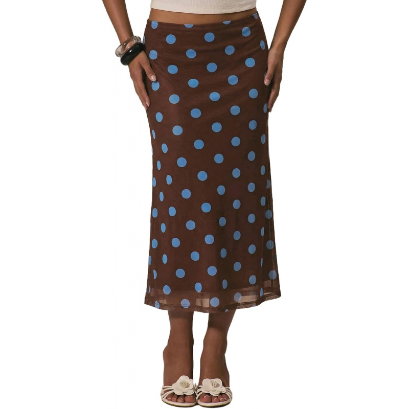Women's Polka Dots Midi Skirt Summer Mesh Flowy Long Skirts