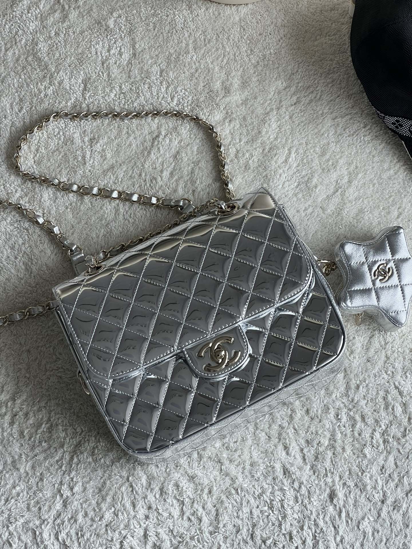 24C Mirror Calfskin Backpack & Star Coin Purse AS4649 in Metallic Silver with Light Gold-Tone Hardware - Mocuir