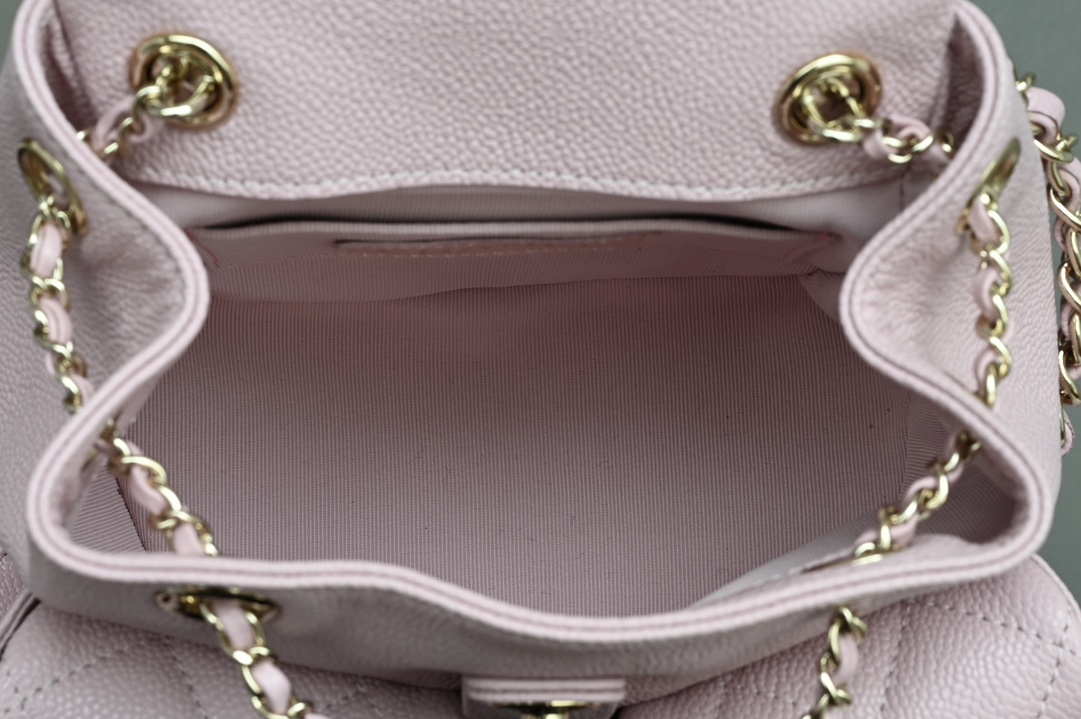 Duma Backpack in Light Pink Quilted Shiny Caviar Leather with Light Gold-Tone Metal (Model AS3857) - Mocuir