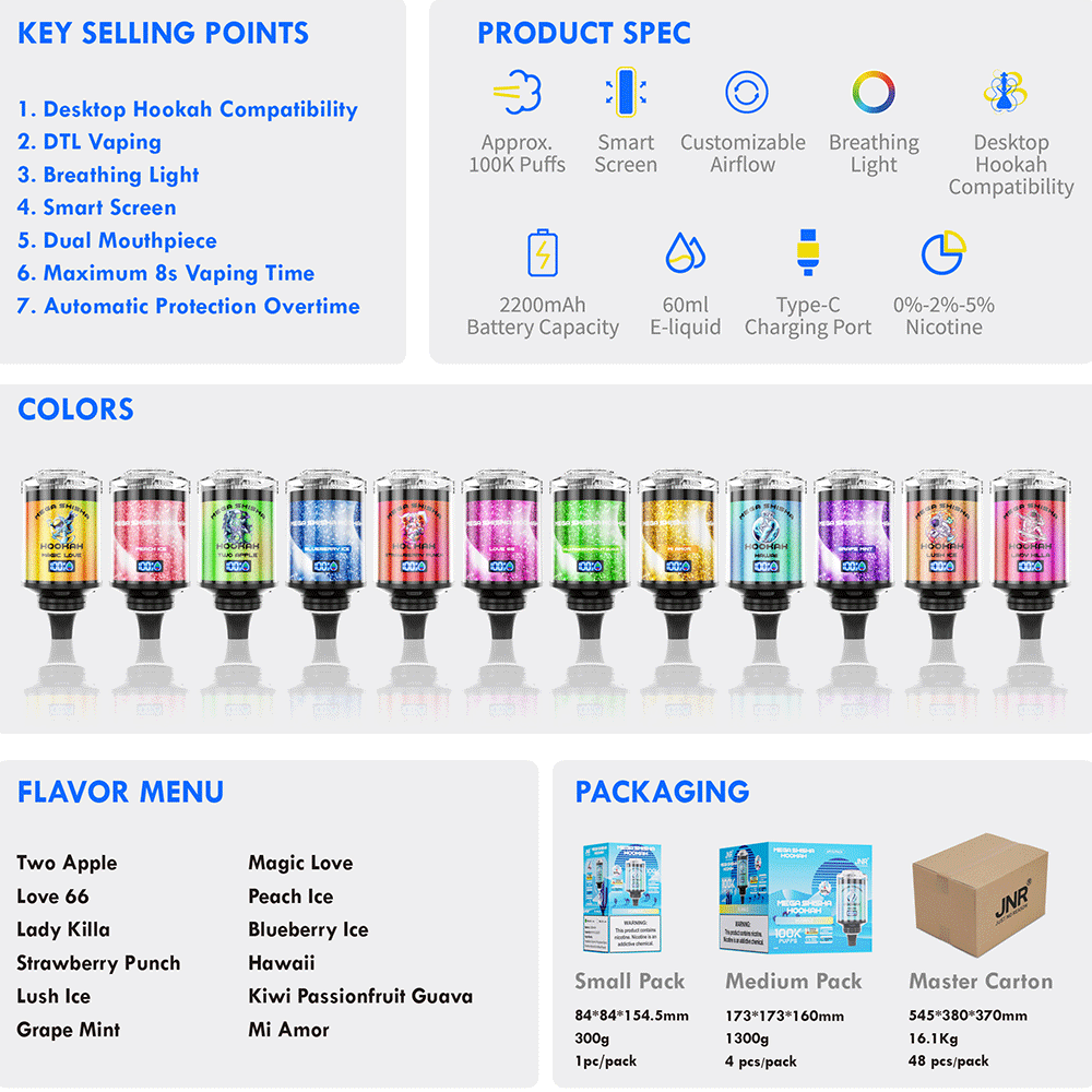 （3 pieces）JNR Mega Shisha Hookah 100000 100K Puffs Large Capacity LED Display Disposable Vape