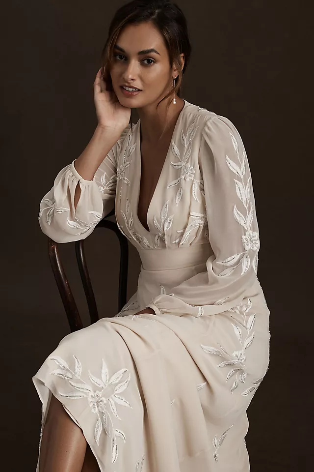 Embroidered A-Line Long-Sleeve V-Neck Gown Champagne