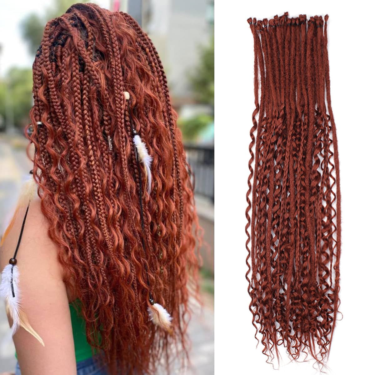 24 Inch 3 In 1 Dreadlock Extensions Sets, 30 Strands Mixed Copper Red Synthetic SE Dreads Extensions, 100% Handmade Soft Single Ended Curly Boho Wavy Dreads for Girls