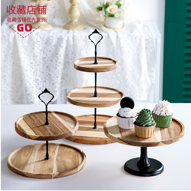 Wooden Dessert Table Ornaments Display Shelf Cold Meal Tea Break Table Tableware High Foot Cake Fruit Plate Solid Wood Tray