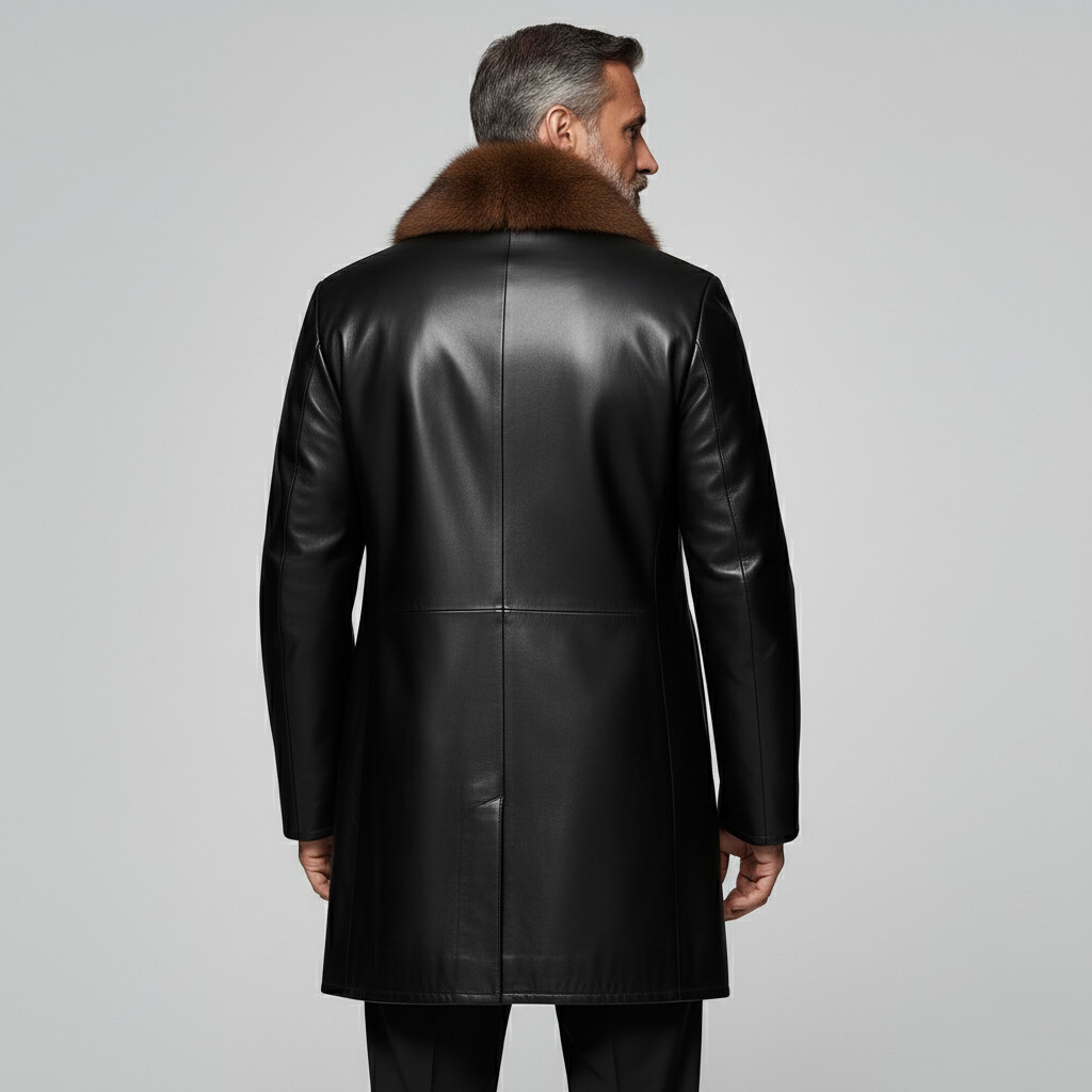 Men's Black Fur Patchwork Long Sleeve PU Leather Trench Coats