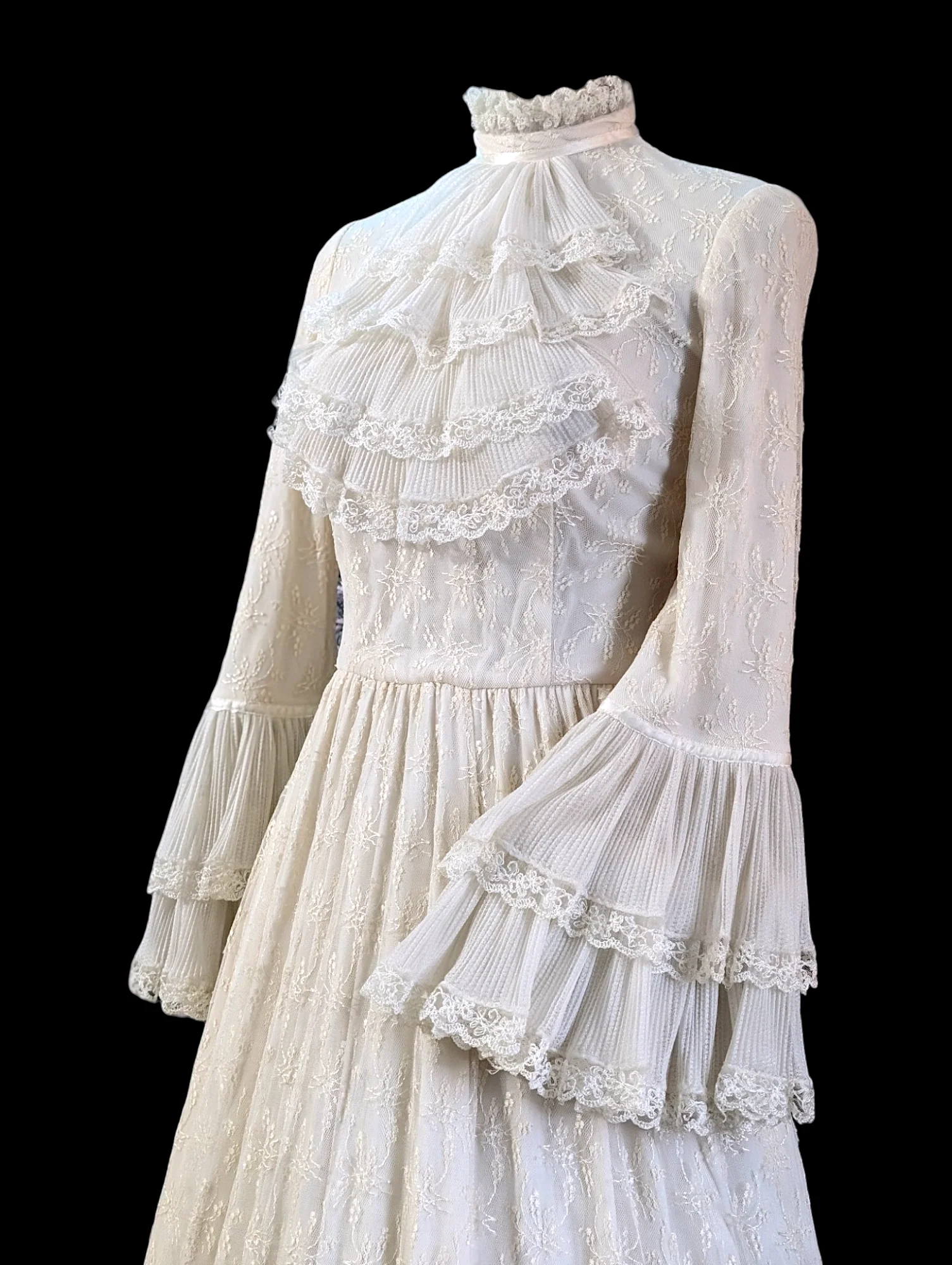 Renaissance Revival Wedding Dress with High Collar, Plume, and Bell Sleeves