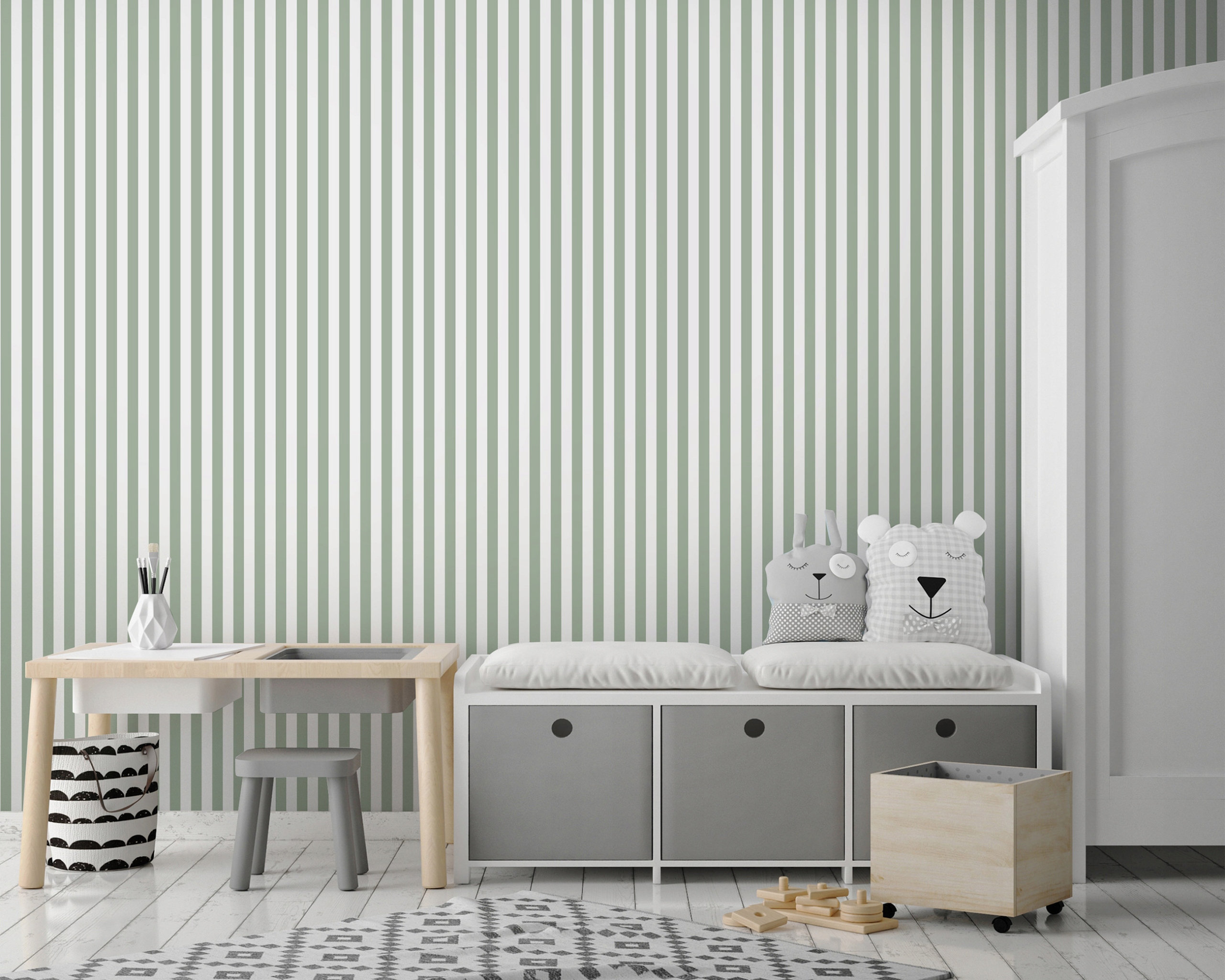 Green striped Scandinavian wallpaper on non-woven fabric for living room and bedroom walls