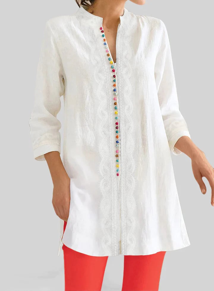 Long Sleeve Colorful Button Up Lace Linen Blouses