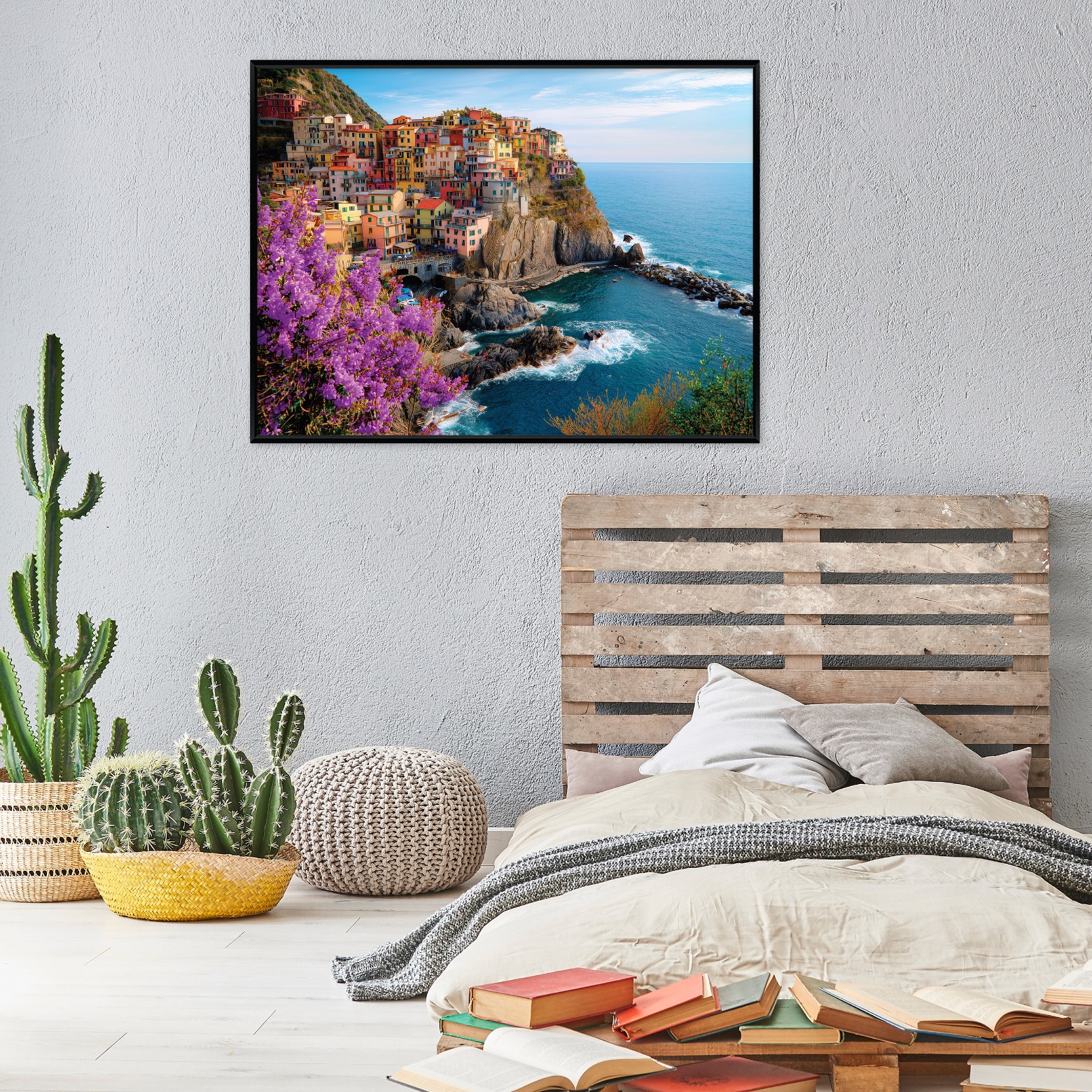 Black-framed canvas painting city island ocean living room bedroom 40x30