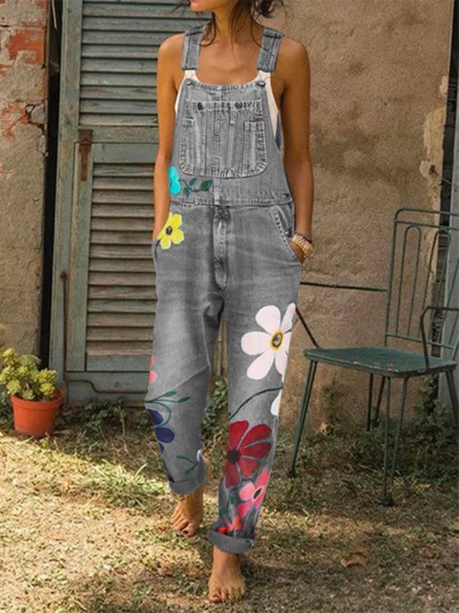 Women Fashion Denim Floral-Print Jumpsuits Overalls