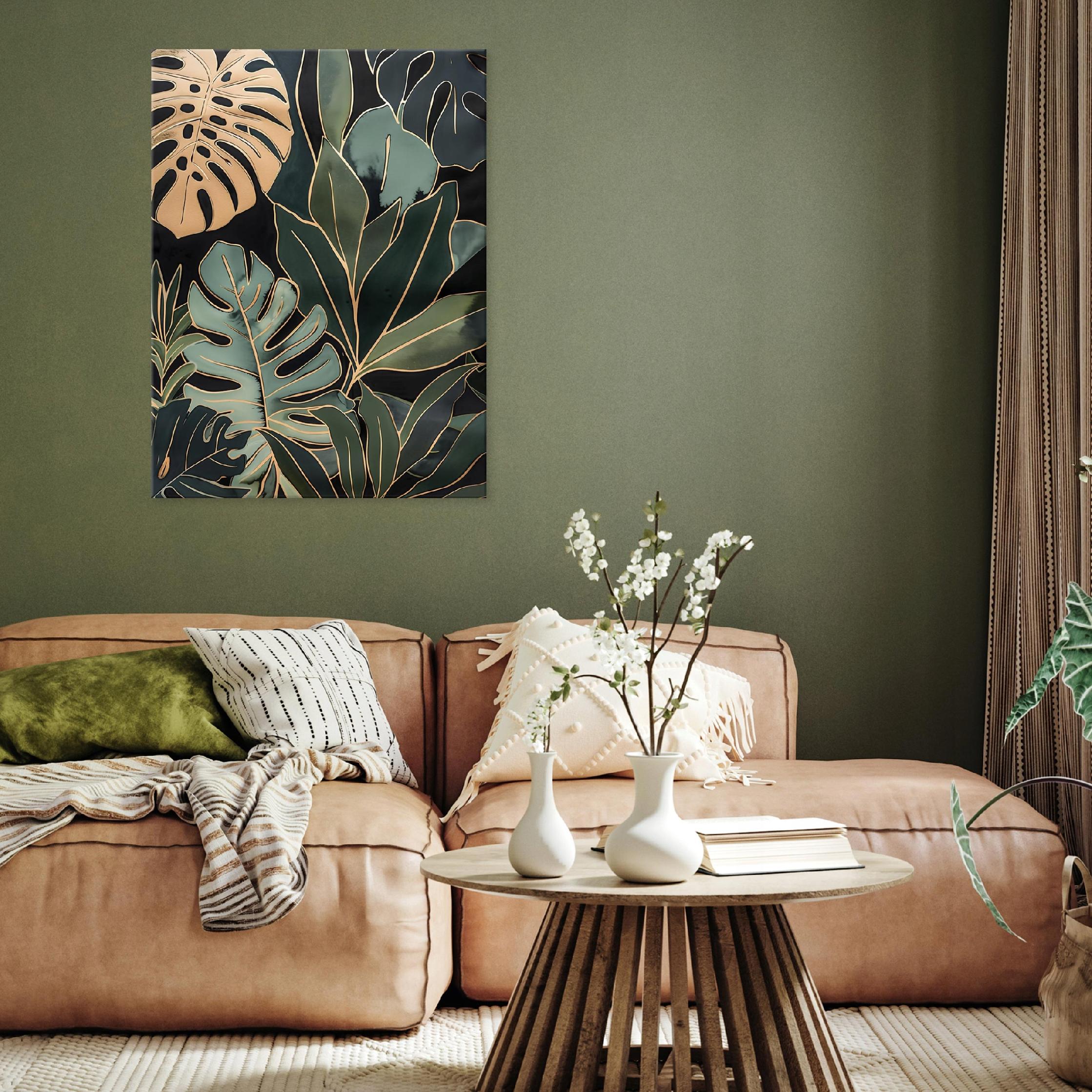 Painting of green and gold leaves on canvas for bedroom or living room wall, 40x30