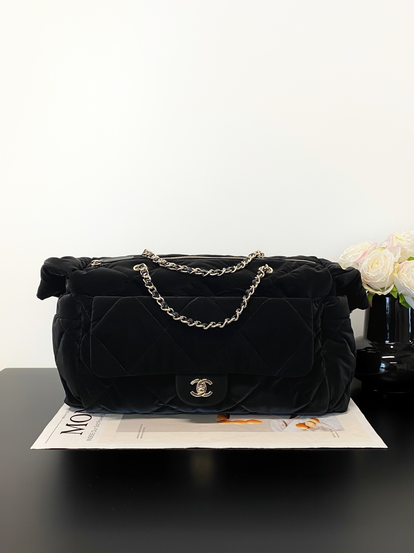 25N Ski Collection Large Hobo  Bowling Bag in Black Technical Suede Nylon with Gold Hardware (Model AM7141) - Mocuir