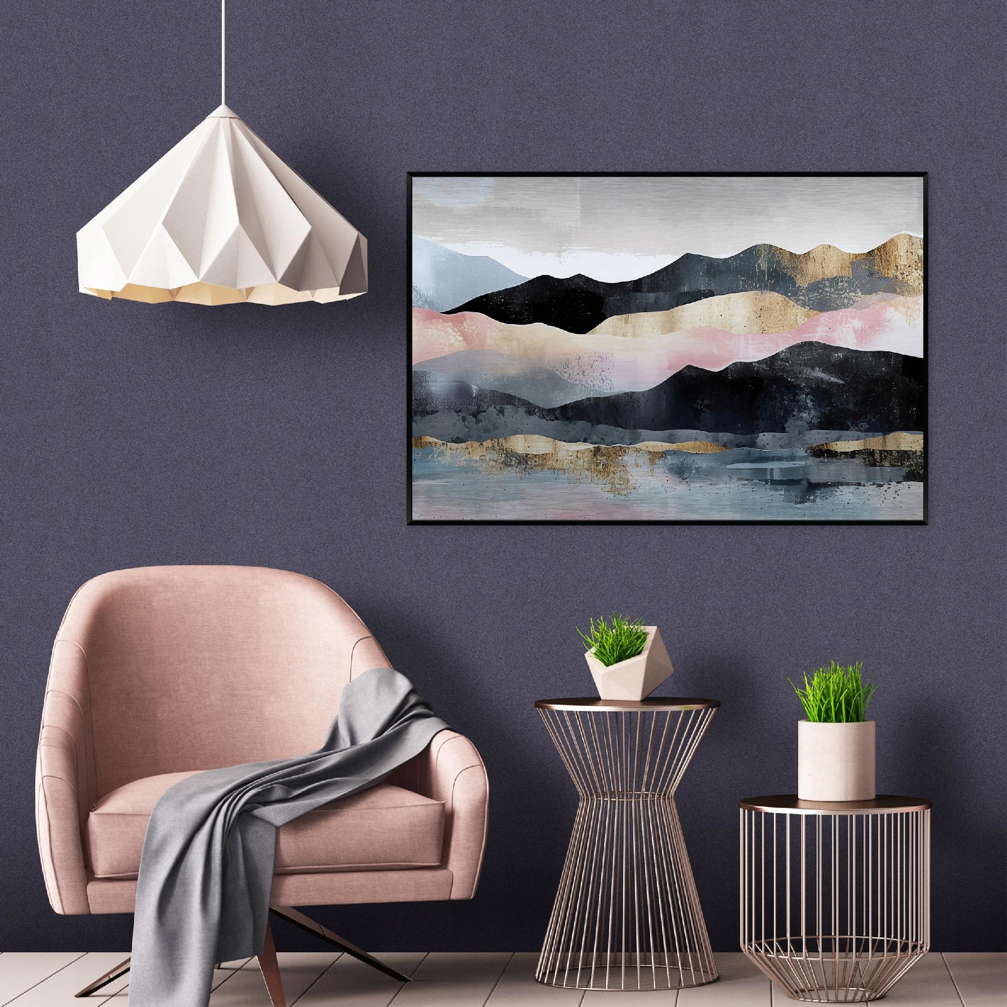 Metal painting in a black frame, abstract mountain scene, loft, living room, bedroom, 120x80