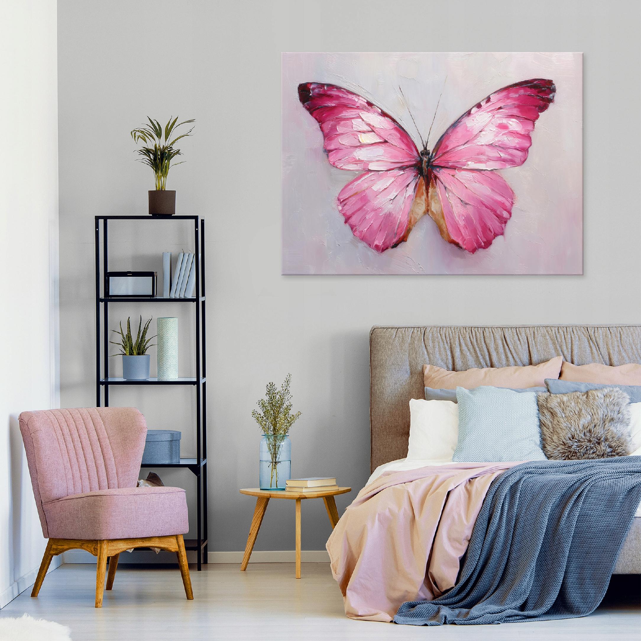Pink butterfly watercolor concrete painting for the bedroom or living room on canvas, 40x30