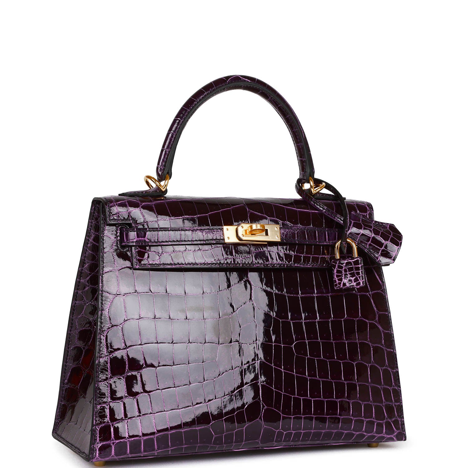 Kelly Sellier 25 Aubergine Shiny Niloticus Crocodile Gold Hardware