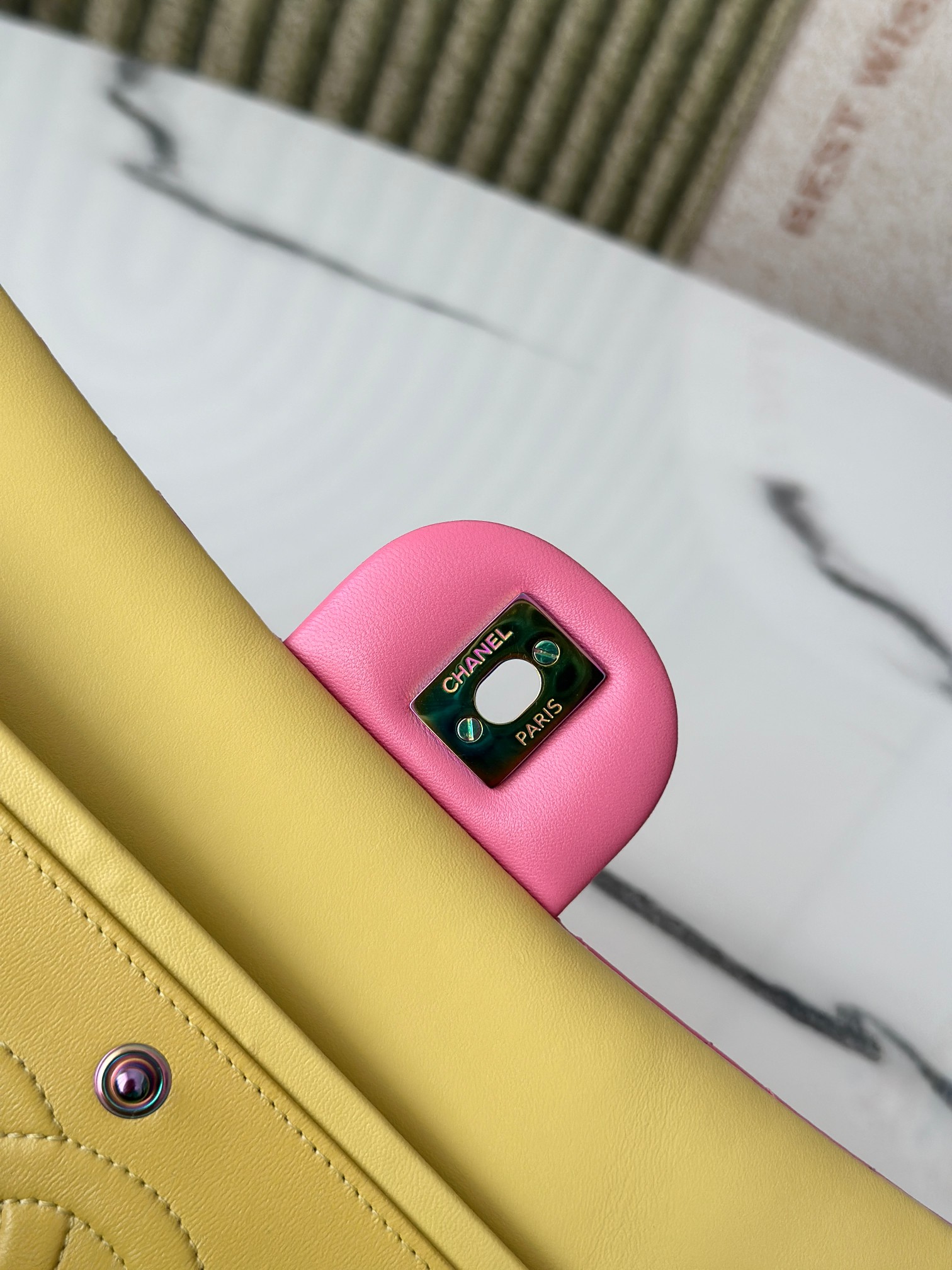 Classic Flap Medium Bag in Sakura Pink Lambskin with Iridescent Rainbow Hardware (Model A01112) - Mocuir